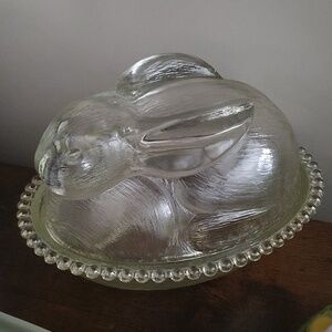 Vintage Indiana Crystal Glass Bunny Rabbit on Nest Covered Candy Dish Yellow 💛